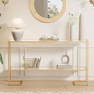 Cozy Castle 52" Entryway Table, 2-Tier Narrow Console Table with Tempered Glass & Sturdy Metal Frame, Modern Sofa Table with Storage Shelves for Entryway, Hallway, Foyer, Living Room, Gold