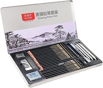 Sketching Pencils Set, Metal Box Packaging, Including Graphite Pencils、Charcoal Pencils、Blending Stumps and other tools for drawing (A set with 29pieces).