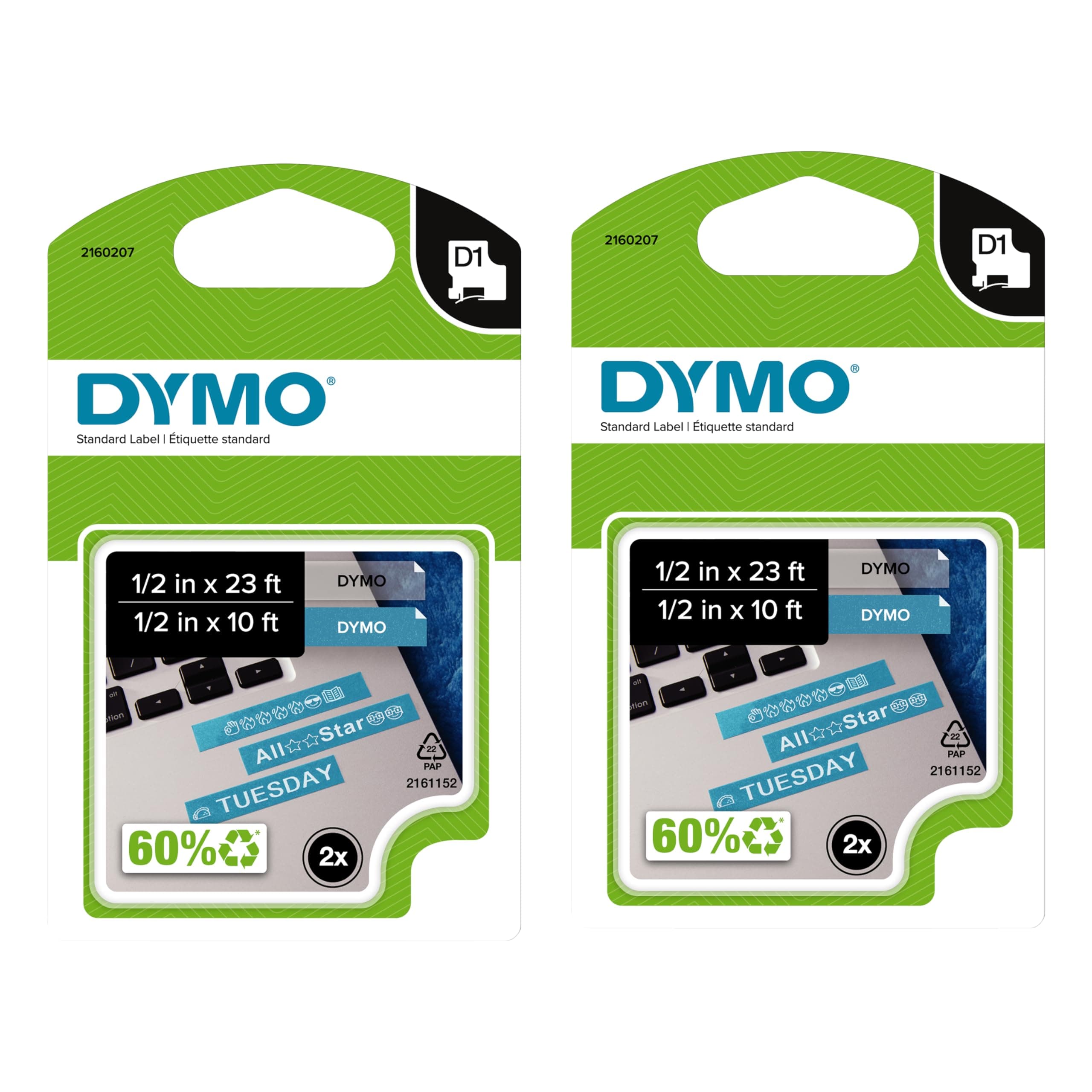 DYMO Authentic D1 Labels 1/2-Inch x 23-Foot Roll Black Print on White Self-Adhesive For LabelManager Label Makers 2-Pack