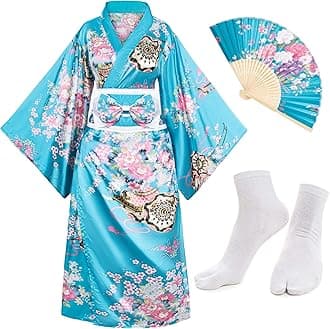 Japanese Anime Women's Kimono Robe Geisha Yukata Sweet Dress Blossom Satin Bathrobe Sleepwear Fans Tabi Socks Set