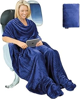 Travel Portable Blanket with Feet Pocket Airplane Office Poncho 4 in 1 Zippered Front Pocket Premium Cozy Fleece Blankets with Built-in Bag