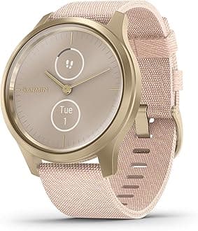 Garmin vivomove Style, Hybrid Smartwatch with Real Watch Hands and Hidden Color Touchscreen Displays, Gold with Pink Woven Nylon Band