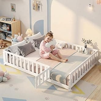 Full Size Floor Bed with Fence and Slats for Kids, Wooden Montessori Bed with Door and Safety Guardrails for Kids, Boys Girls, No Box Spring Needed, White