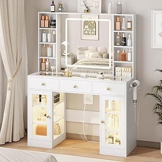 White Vanity Desk with Mirror and Lights, Glass Top Vanity with Lighted Mirror & RGB Cabinet and 3 Drawers, Dressing Table with 8 Shelves, Makeup Desk with Lights for Girls Bedroom, 3 Color Modes
