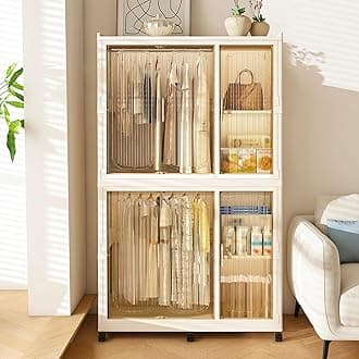 Portable Plastic Wardrobe Closet for Kids & Baby, Foldable Storage Organizer with 6 Magnetic Doors, 4 Cubes & 2 Hanging Rods, 6 Hangers, Collapsible Baby Closet Organizer, White