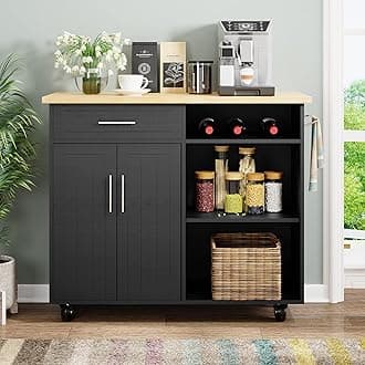 Shintenchi Kitchen Island Cart with Storage,Rolling Kitchen Island Side Table on Wheels with Large Worktop,Storage Cabinet,Towel Rack and Drawers for Kitchen,Dinning Room,Black
