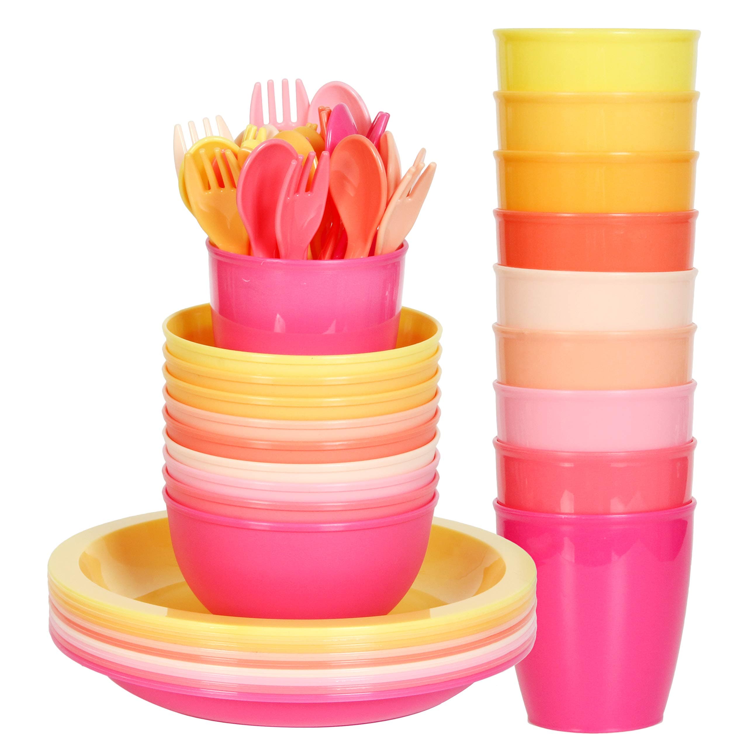 Youngever 54 pcs Plastic Kids Tableware, Re-usable Toddler Dinnerware Set, Dining Set, Cups, Kids Plates, Kids Bowls, Flatware Set, Kids Dishes Set (Pink)