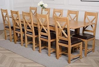 OAK FURNITURE KING Richmond 200cm - 280cm Large Oak Extending Dining Table and 10 Chairs Dining Set with Berkeley Oak & Leather Chairs