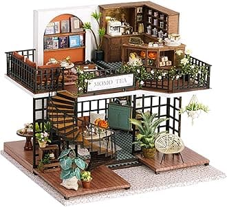 SpilayDIY Miniature Dollhouse Wooden Furniture Kit,Handmade Mini Crafts Modern Villa Model with Dust Cover & Music Box,1:24 Scale Creative Doll House Toys (LV001) (Forest Teashop)