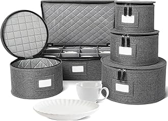 storageLAB China Storage Containers, Hard Shell Case with Felt Dividers for Charger Plates, and Dishes, Ideal for Kitchen Organization, Moving Supplies, and Fine China Storage - 5-Piece Set, Gray