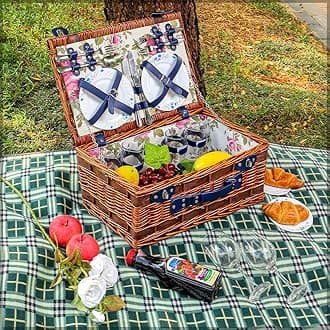 YAHOME 4 Person Hamper Basket Wicker Basket for 4, Handmade Willow Hamper Basket Picnic Backpack 4 Person Picnic Basket Hold Utensils Cutlery Perfect for Picnic, Camping Road Trip