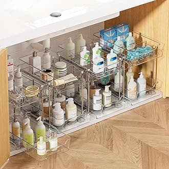 Vtopmart 4 Pack 2 Tier Bathroom Under Sink Organizers and Storage, Clear Kitchen Pantry Organization, Pull Out Medicine Cabinet Organizer with Movable Dividers