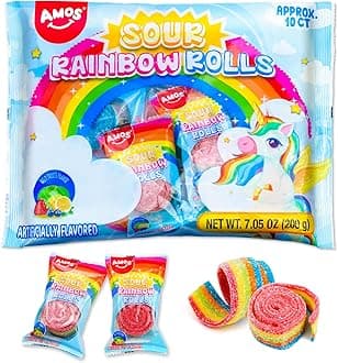 AMOS Rainbow Sour Belts Licorice Candy, Sour Rainbow Strips Gummy Unicorn Party Favors，Assorted Fruit Snack for Kids, 7.05oz Bulk Party Bag