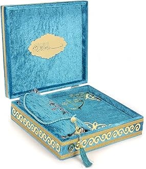 ihvan online Luxury Islamic Prayer Velvet Covered Gift Box, Deluxe 4 Piece Set with Elegant Velvet Covered Quran & Prayer Beads Tesbih & Prayer Rug, Ramadan & Eid Gift, Petroleum