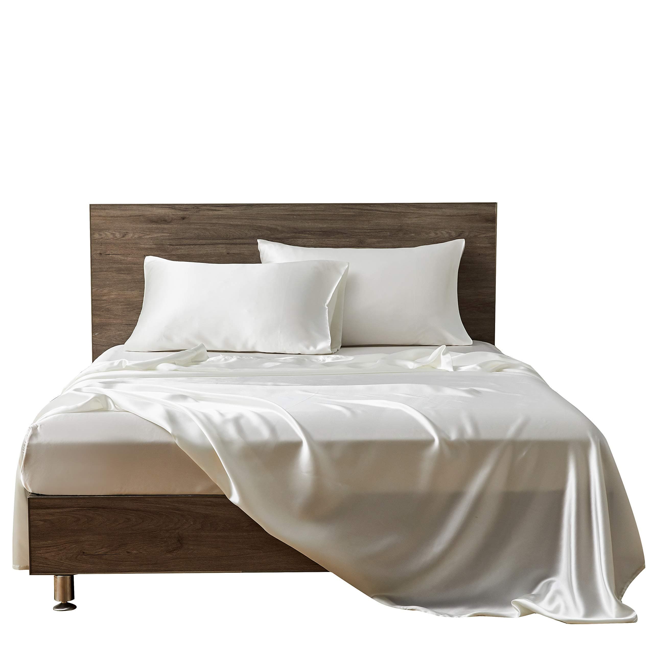 AMAY Pure Silk Satin Sheet Set 4 Pcs 500 Thread Count Queen Size for Bed, Fits Mattress Upto 10-12'' Deep Pocket, Ivory Solid