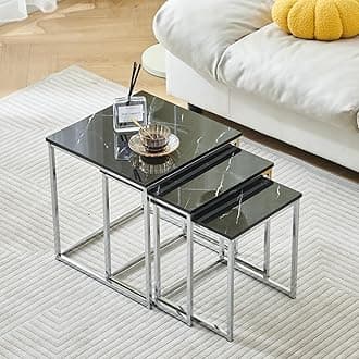 Set of 3 Nesting Coffee Tables Black Marble for Living Room, High Gloss Nest of 3 Nested Tables Sofa Side Table Coffee Table End Tables Space Saving