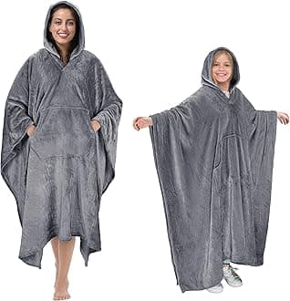 Hooded Poncho Blanket, Fleece Wearable Throw Wrap with Hood and Pocket, Warm Cozy Soft for Adult Women Men Kids, Indoor or Outdoor Grey