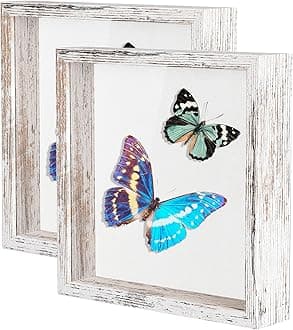 Califortree 8x8 Shadow Box Frame with Soft Linen Back - Metal Push Pins Included, Memory Shadow Box Display Case for Bouquet Awards Medals Wedding Photos and More, Rustic White, 2 Packs