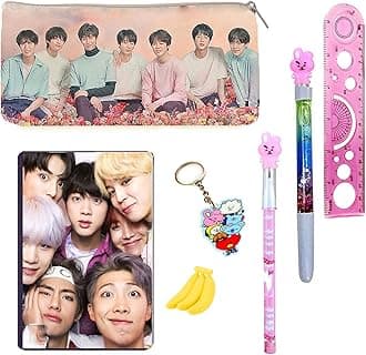 Neel® 7Ps BTS BT-21 Collection School Stationery Gift Set for Kids 1 BTS, A6 (80 Pages) Diary, 1 Pencil Case Pouch for Kids, 1 BT-21 Pen,1 Pencil, 1 Key Chain, 1 Ruler return gift (Flower, Pink)