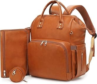 Premium Vegan Leather Diaper Bag Backpack with Waterproof Changing Pad – Reinforced Stitching & Zippers, Baby Bag for Boy Girl, Stroller Straps, Ergonomic Design for Traveling Moms, Brown