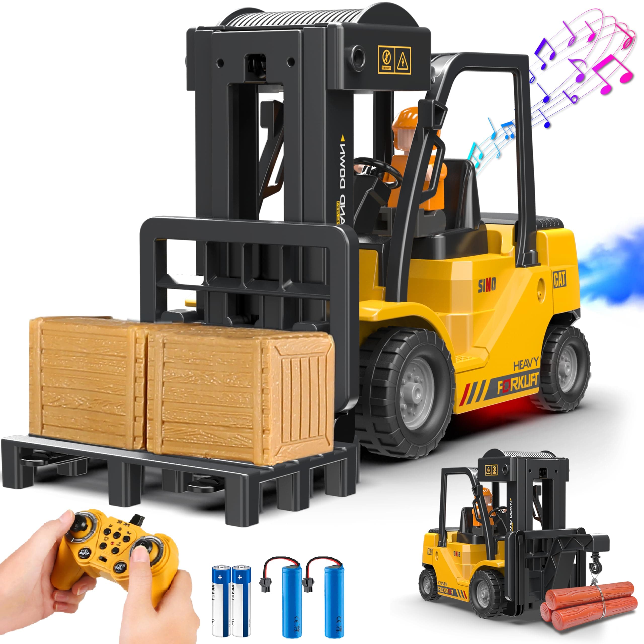 RC Forklift Truck, 2 in 1 Transform Lift Fork & Hook, Kids Forklift Toy, 11 Channel Remote Control Forklift for Adults, 2 Battery, Spray, Light, RC Construction Vehicles Toy for Kids 6+ Gift
