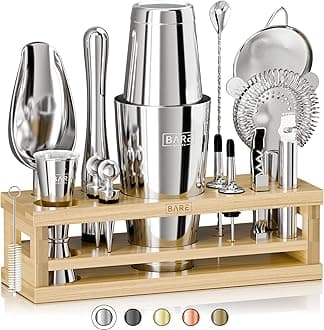 Bare Barrel® Mixology Bartender Kit Bar Set | 16-Piece Cocktail Shaker Martini Barware Mixing Tools For Home Bartending Incl. 35 Recipe Cards Gift (28Oz Boston Shaker, Silver/Natural)