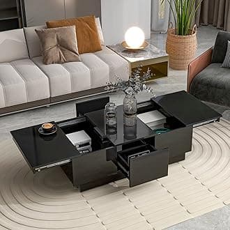 Multifunctional Extendable Coffee Table 2 Large Hidden Storage Compartment 2 Drawers Sliding Top Cocktail Table High-Gloss Center Table for Living Room, Black