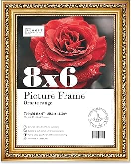 8x6 Gold Ornate Picture Frame 8"x6"(20.3x15.2cm) Poster, Photo, Artwork, or Print. Antique Style Portrait and Landscape Display with Wall Hooks