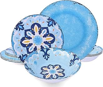 12 Piece Melamine Dinnerware Sets Service for 4 - Includes 4 Dinner Plates 4 Salad Plates and 4 Bowls Made of A5 Melamine Use at Home & Outdoor Dining, Picnic, Camping and Rvs - Mayan Style Blue