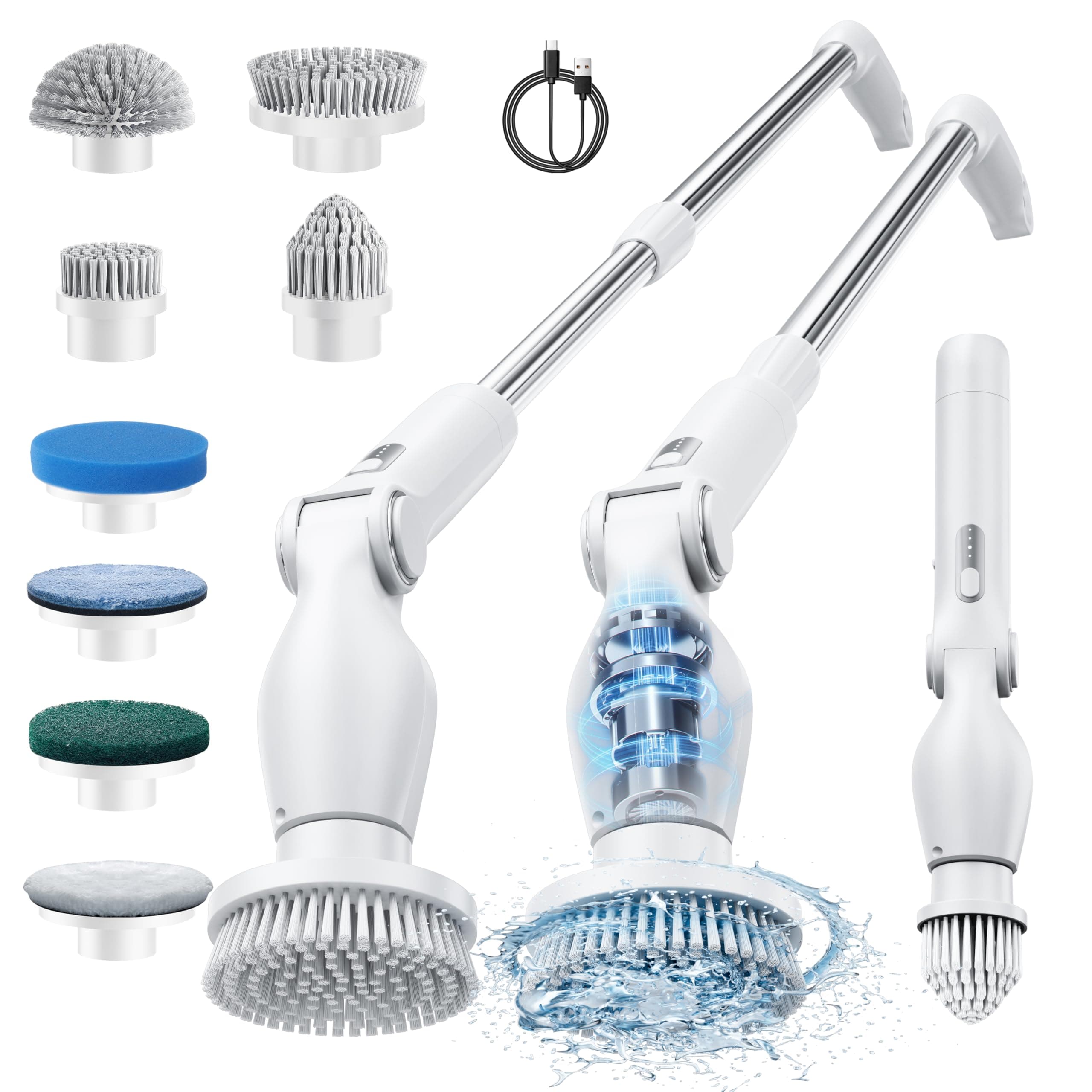 Leebein Electric Spin Scrubber, Cordless Cleaning Brush with 8 Replaceable Heads, Adjustable Extension Handle, 2 Speeds & Remote Control, Power for Bathroom Floor Tile Car (White)