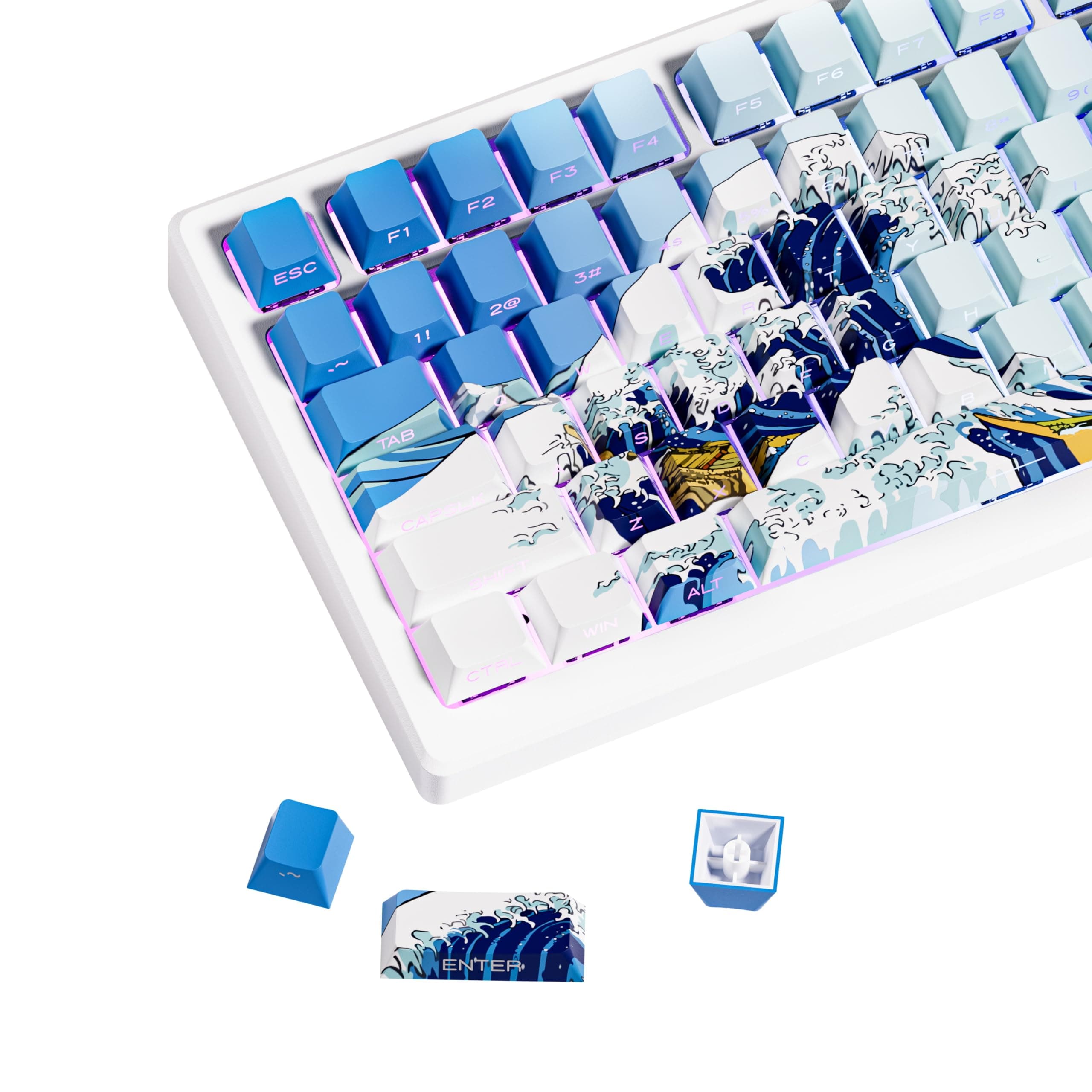 HITIME XVX PBT Shine Through Side Print Keycaps - 75% Dye Sub, 131 Keys Cherry Profile Custom 60% - Wave of Kanagawa Double Shot for Mechanical Keyboards