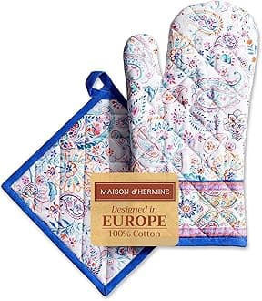 Maison d' Hermine Oven Glove + Pot Holder 100% Cotton, Heat Resistant Easter Kitchen Oven Glove (19 cm x 33 cm) & Pot Holder (20 cm x 20 cm) for Chefs, Women, Indian Floral - Spring/Summer