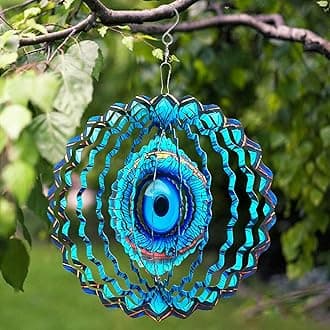 3D Wind Spinner Mandala 10 Inch Evil Eye Stainless Steel Wind Sculpture Blue Hanging Ornament Laser Cut Metal Art for Indoor Outdoor Garden Decoration Protective Amulet for Home and Yard