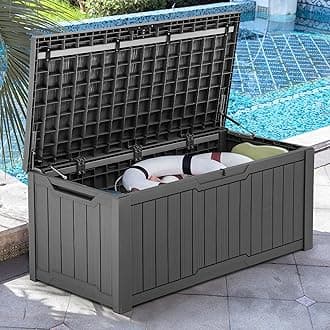 120 Gallon Large Deck Box, Resin Outdoor Storage Box for Outdoor Pillows, Garden Tools and Pool Supplies, Waterproof, Lockable, Dark Gray