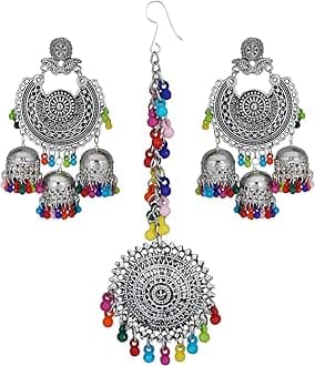 JwellmartIndian Ethnic Partywear Traditional Oxidized SIlver Beaded Navratri Jhumka Jhumki Earrings with Maang Tikka Combo for Women