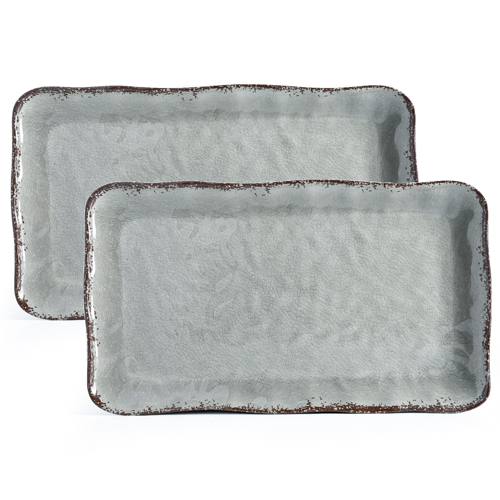 LEHAHA Melamine Crackled Rustic Serving Platter Set of 2, Farmhouse Large Rectangle Trays for Food, Entertaining and Party Use, 17.5"x 10", Grey