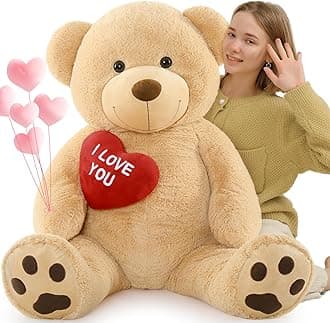 MorisMos Giant I Love You Teddy Bear with Heart, XXL 130cm Light Brown Love Teddy Bear for Girlfriend, Large Teddy with Red Heart, Big Cute Soft Bear Gift for Kids Wife Birthday Mothers Day Decor