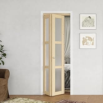 BARNER HOME Bi-Fold Doors, for 24in. x 80 in Opening, 3-lite Tempered Frosted Glass Panel with Hardware Kits, Pine Wood Natural Multifold Interior Closet Doors