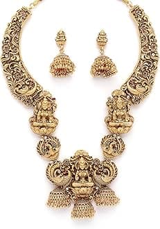 South Indian Traditional Stylish Gold Plated with Beaded Studded Choker Necklace with Dangle Earring Jewellery Set for Women & Girls