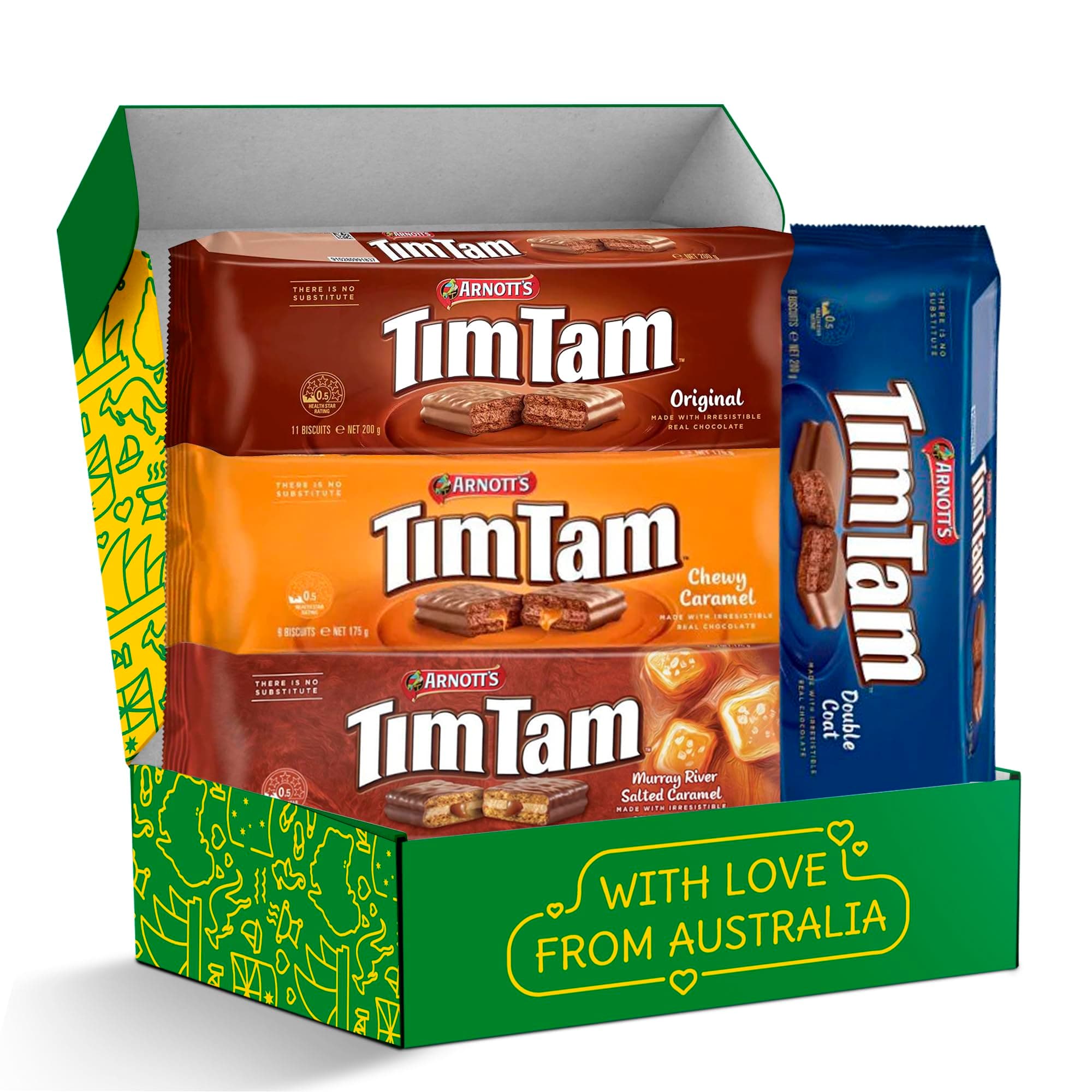 Tim Tam Cookies Care Package Gift Set - 4 Pack Full - Arnott's Tim Tam Original Chocolate Cookies with Chewy Caramel, Original, Double Chocolate & Salted Caramel Chocolate Filling Austalian Cookies in
