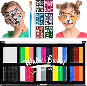 LOPHE Face Paint Kit, 26 Colors Rainbow Body Paint for Kids Adults, Safe & Non-Toxic Water Based Split Cake Face Paint Palette with 2 Brushes 56 Stencils, Makeup Set for Halloween Christmas Cosplay