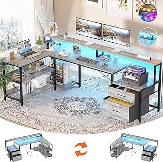 L Shaped Desk with File Drawer, 72.8" Reversible L Shaped Computer Desk with Power Outlet & LED Strip, Gaming Desk with Monitor Stand, Office Desk Corner Desk with Storage Shelf, White Oak