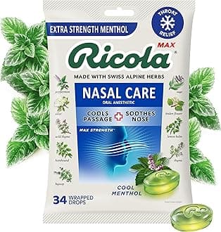 Ricola Max Cool Menthol Nasal Care Large Bag | Cough Suppressant Drops | Dual Action Liquid Center | Soothing Long-Lasting Relief - 34 Count (Pack of 1)