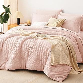 CozyLux Queen Comforter Set Blush Pink Seersucker 7 Pieces Bed in a Bag Queen Comforter Set with Sheets, Luxury Soft Bedding Set with Down Alternative Comforter, Sheets, Pillowcases & Shams All Season