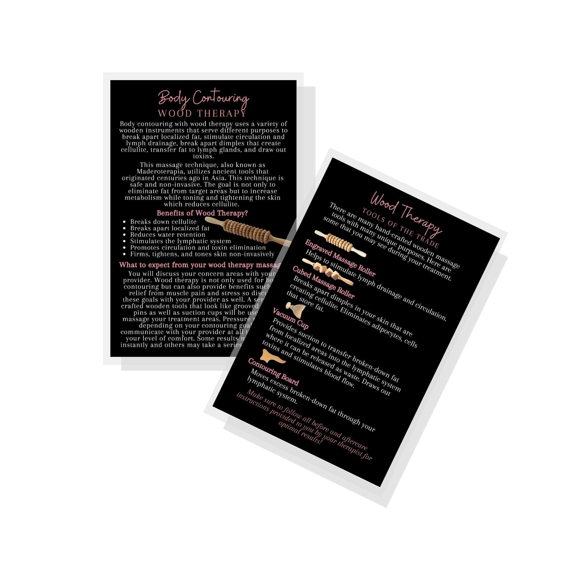Wood Therapy Body Contouring FAQ Infocard | 30 Pack | 4x6” inch Large Postcard Size | Wood Therapy Client Handout Card | Fascia Massage Black with Rosey Pink Design