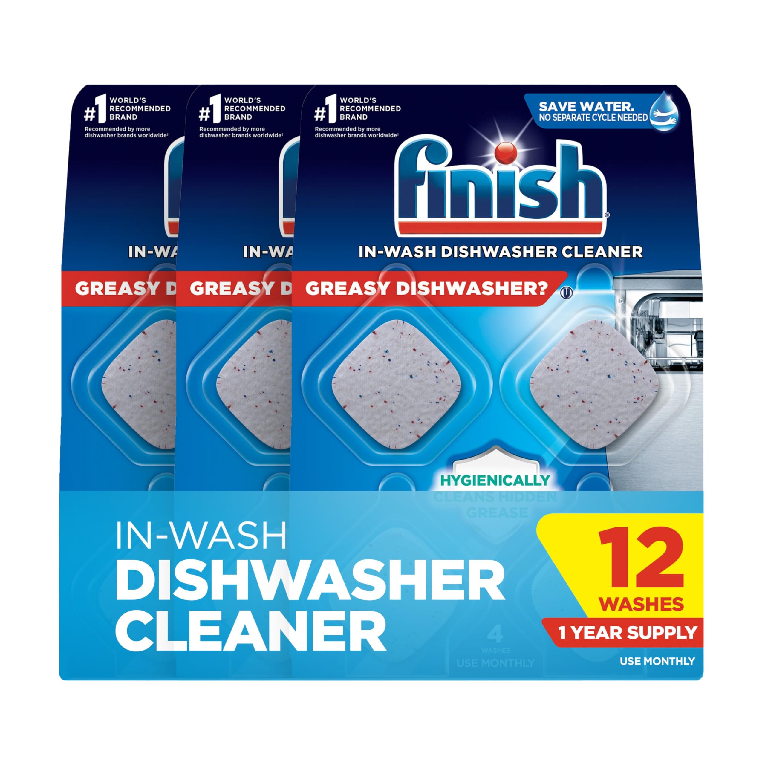 Finish Dishwasher Cleaner Tablets, Deep Cleans Hidden Grease & Grime, Fights Odors, No Extra Wash Cycle, Helps Maintain Dishwasher, 12 Month Supply, 12 Count