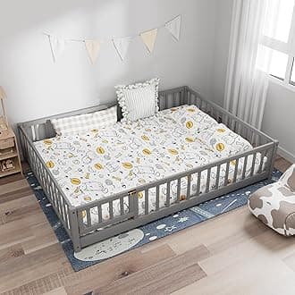 i-POOK Queen Floor Bed for Children, Sturdy Wood Montessori Bed Frame with Wood Slats, Fence & Door, Montessori Floor Bed for Girls and Boys, Gray