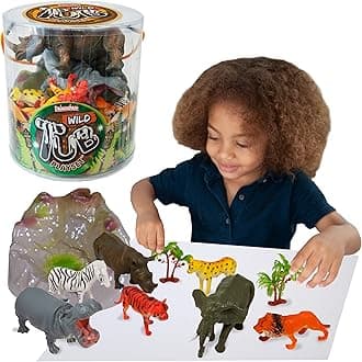Tub Playset - Wild Animal from Deluxebase. 12 Piece Educational Animal Toy Playset for Kids. Reusable Tub with Hippo, Zebra, Tiger, Rhino, Hyena, Lion, Elephant and Jungle Accessories