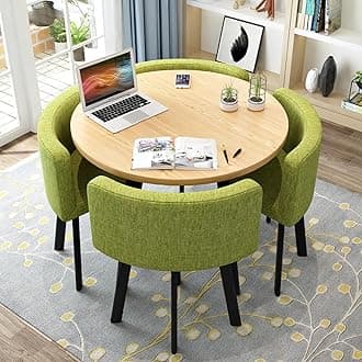 Round Kitchen Dining Table Set for 4, Space Saving Table and Chairs Set with Thick Tabletop 4 Upholstered Chairs, Dinning Room Modern Casual Coffee Table Set(D 31.5inch/80cm, Green)