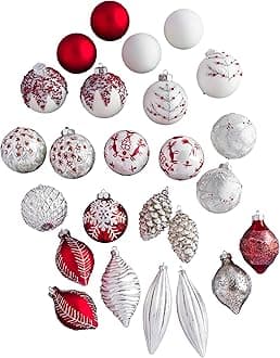 Nordic Frost Ornaments - Vintage Glass Ball Christmas Ornaments with Beading & Glitter in White, Silver & Red for Holiday Decor